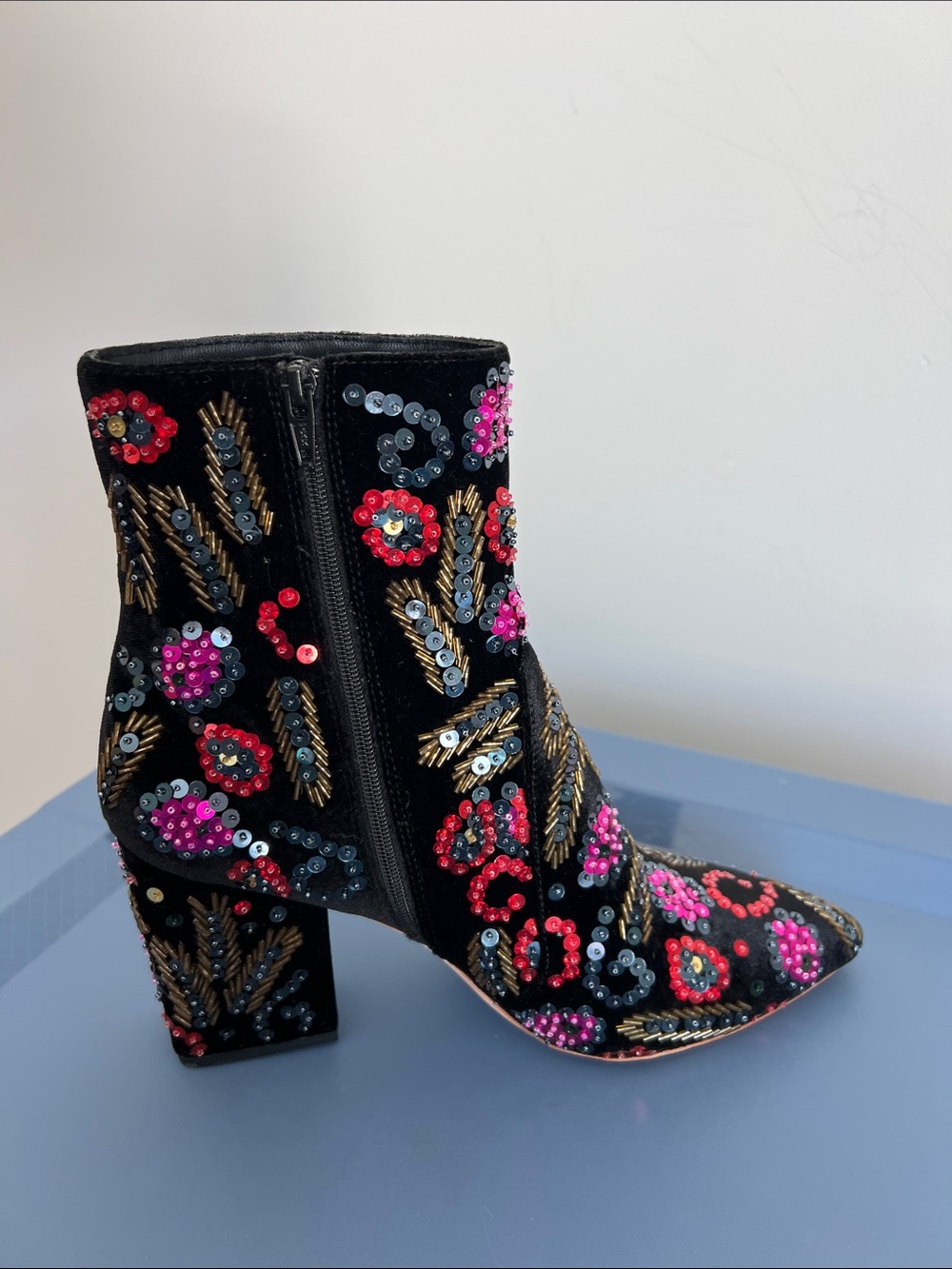 Loeffler Randall isla black velvet multicolored sequins heeled pointed toe boots - Picture 10 of 13